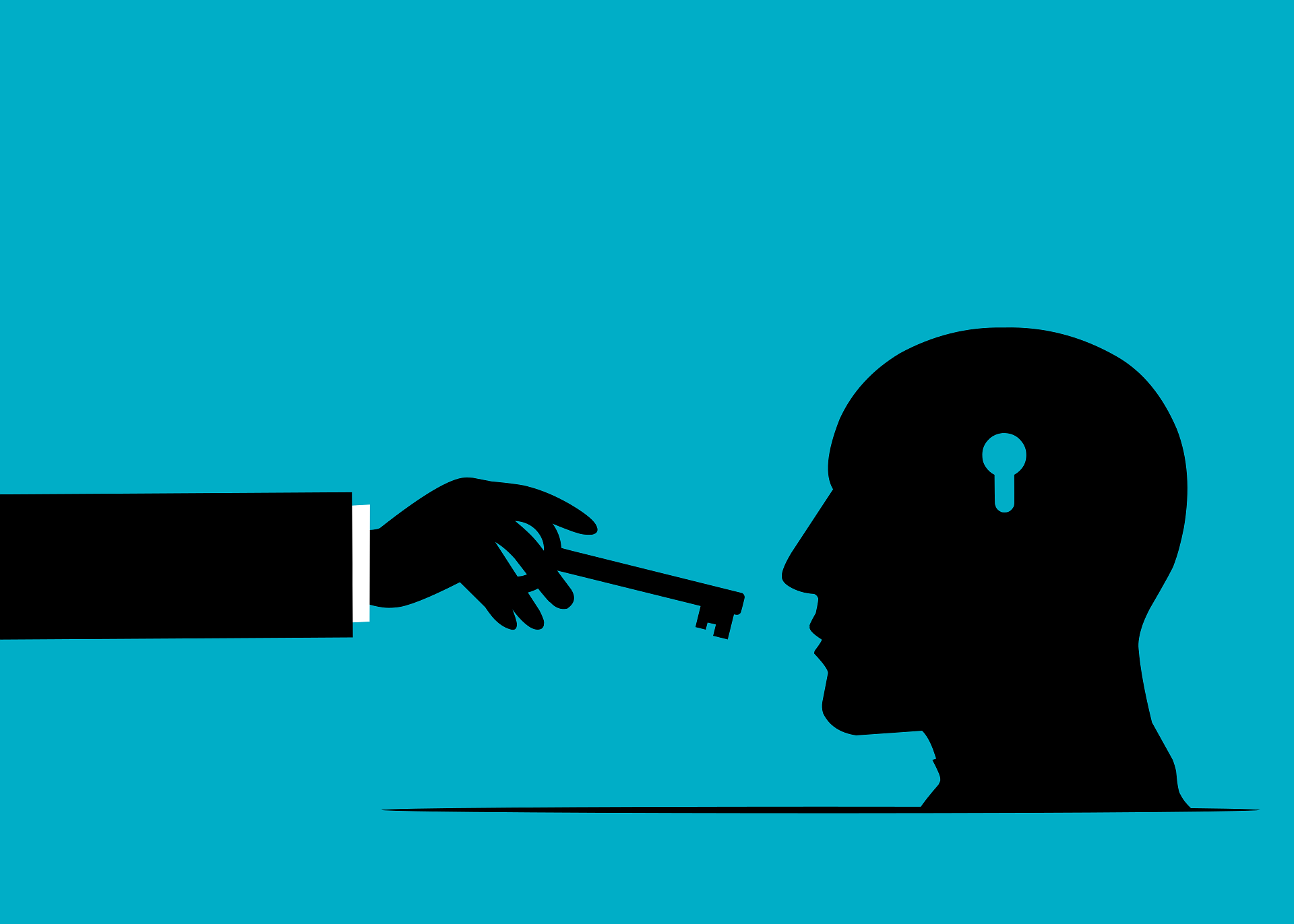 Ilustracja: dłoń podaje klucz w stronę sylwetki głowy z dziurką od klucza na turkusowym tle. — automatyczne skojarzenia w psychologii