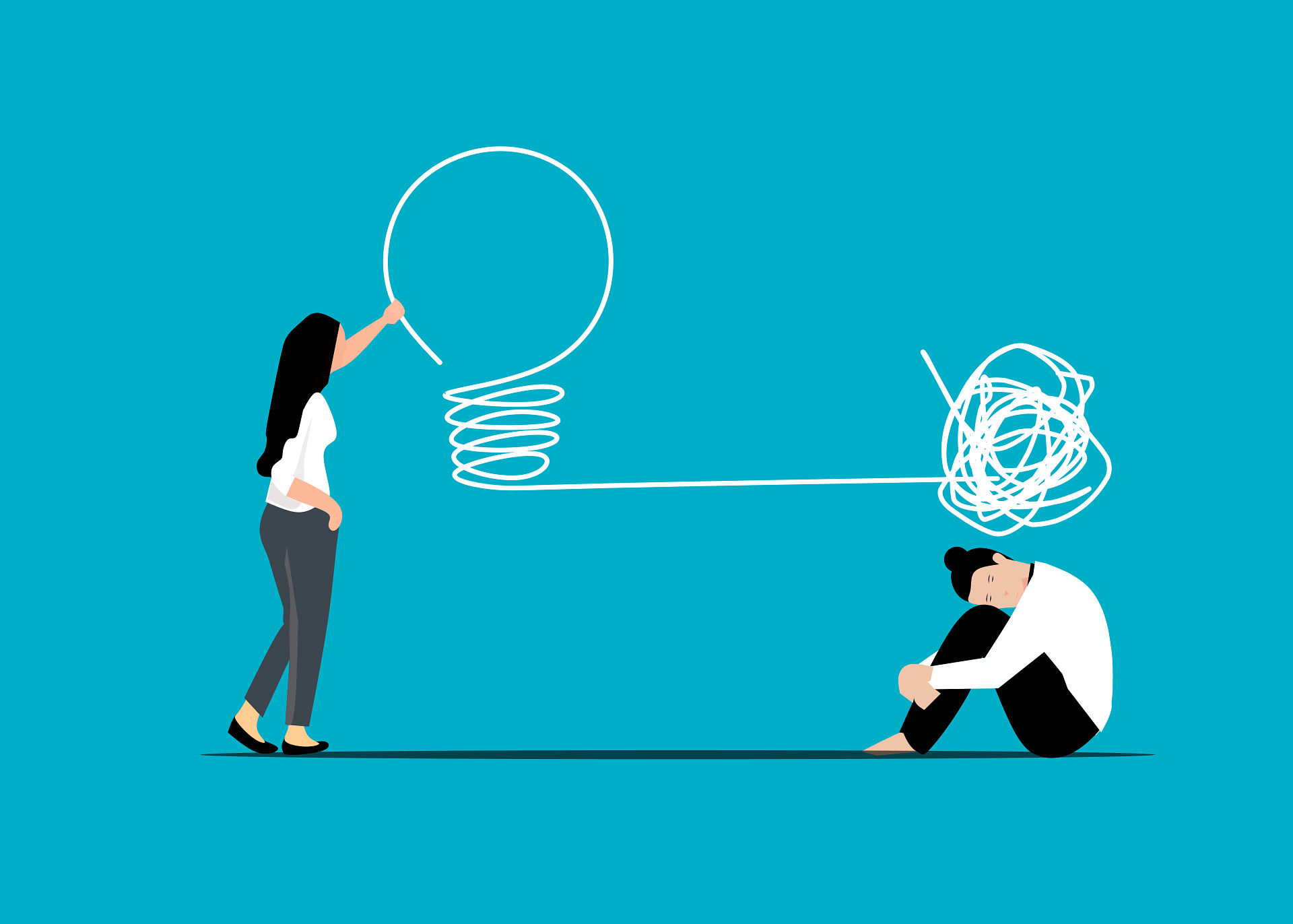 Ilustracja: kobieta rysuje żarówkę linią wychodzącą z plątaniny nad głową siedzącej, przygnębionej osoby. — automatyczne skojarzenia w psychologii