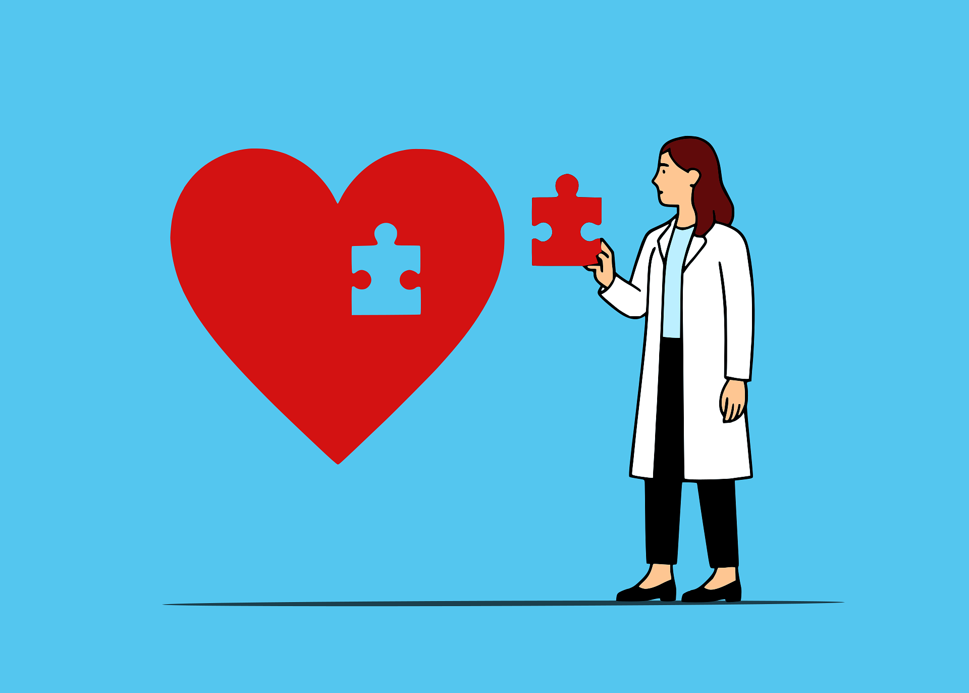 Ilustracja: kobieta w fartuchu lekarskim trzyma element układanki obok czerwonego serca z brakującym puzzlem.