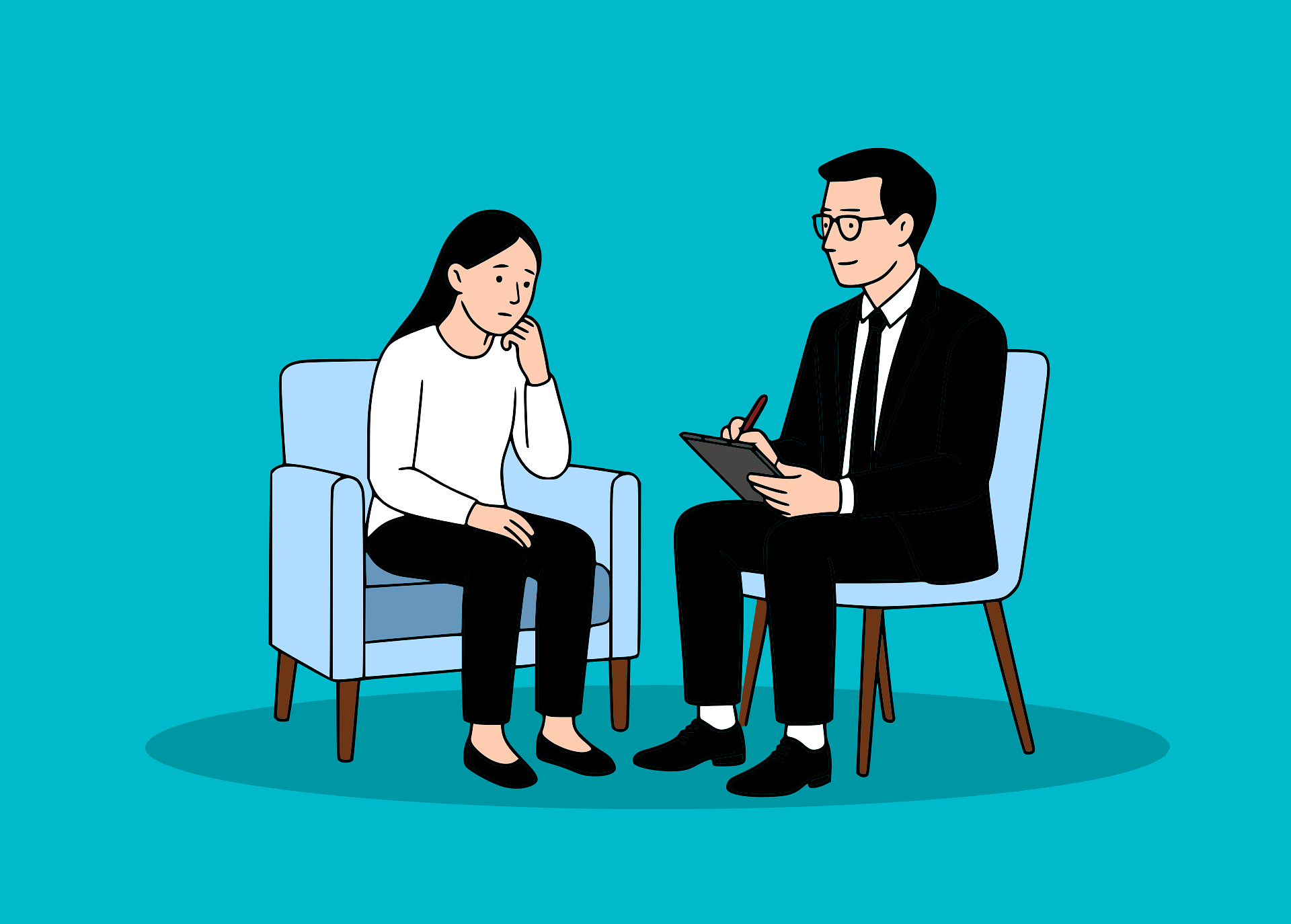 Ilustracja: kobieta rozmawia z terapeutą; siedzą naprzeciwko siebie w fotelach, a terapeuta robi notatki na tablecie. — wynik testu IAT